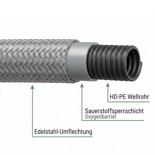 Schlauchaufbau: Edelstahl-Umflechtung, Sauerstoffsperrschicht und HD-PE Wellrohr